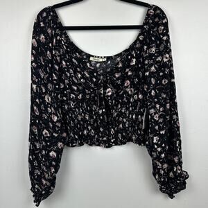 2Bella Womens Ruffle Flirty Cropped Scoop Neck Black/Pink Floral Blouse Large